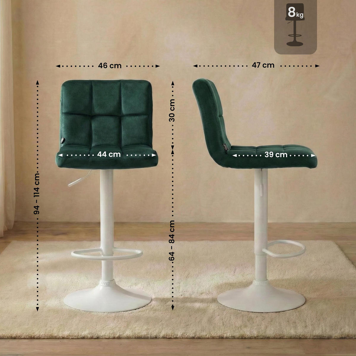 BARHOCKER Samt Grün - Weiß/Grün, Textil/Metall (46/94/47cm) - CLP