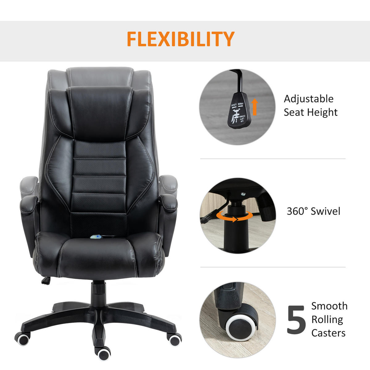 BÜROSTUHL mit Massage, Schwarz - Schwarz, Leder (64/120/74cm) - Vinsetto