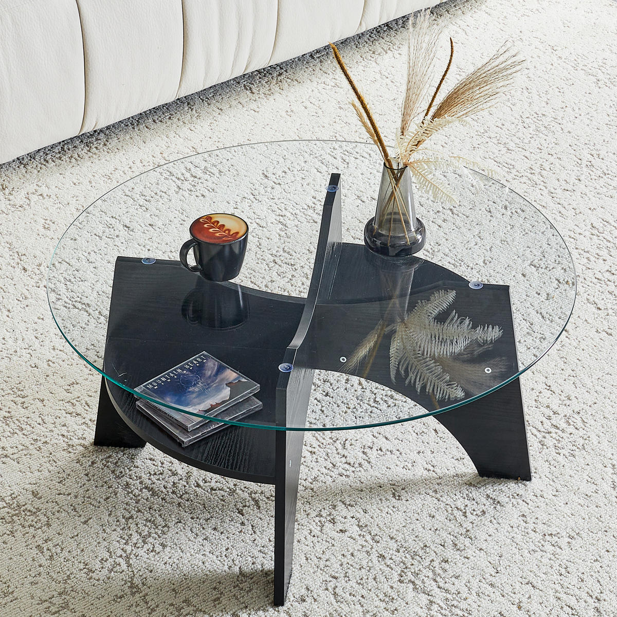 COUCHTISCH in Schwarz Moderner runder Beistelltisch für Esszimmer und Wohnzimmer, Ø80/H36 cm - Transparent/Schwarz, Glas/Holzwerkstoff (80/80/36cm) - STILVORA