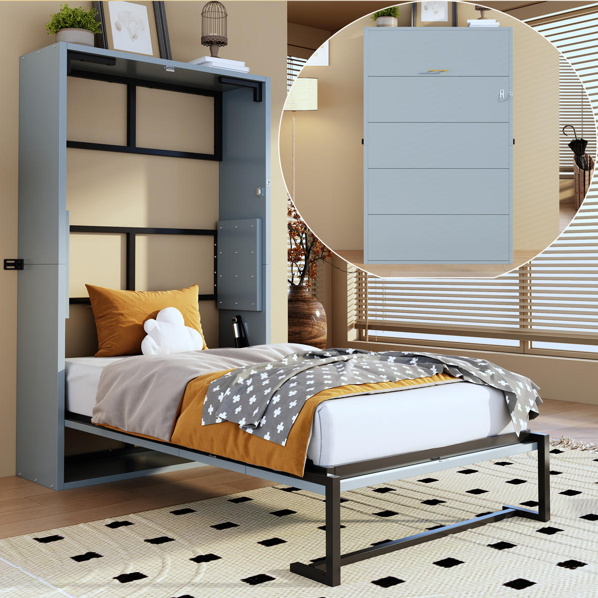 KLAPPBETT 90/200 cm in Grau aus Metall und Holz mit Wandverriegelung - Grau, Holzwerkstoff/Metall (90/200cm) - WISHDOR