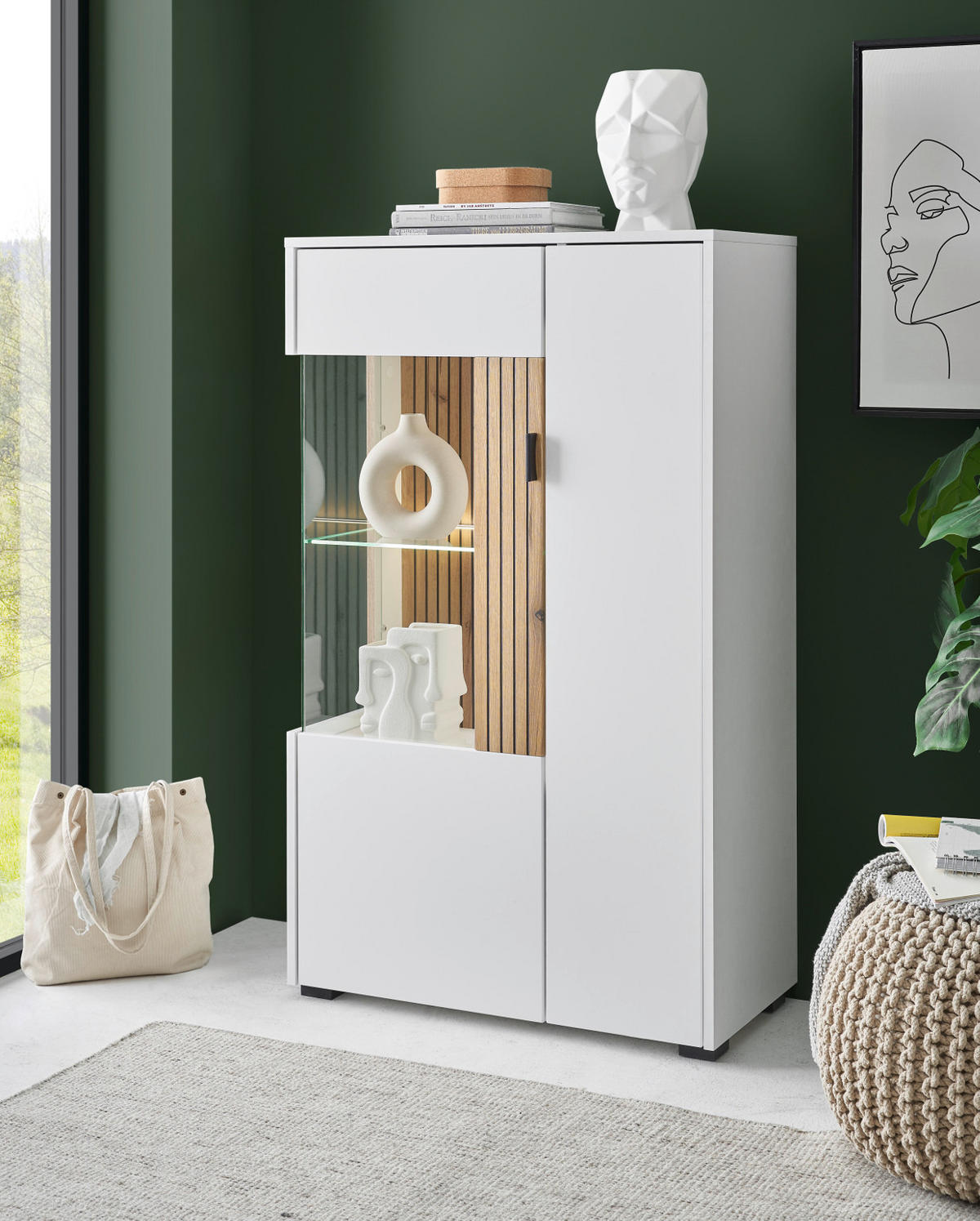 VITRINE weiß matt, Eiche 75 x 125 cm, Stauraumvitrine mit Soft-Close - Eichefarben/Schwarz, Glas/Holzwerkstoff (75/125/38cm) - Furn.Design