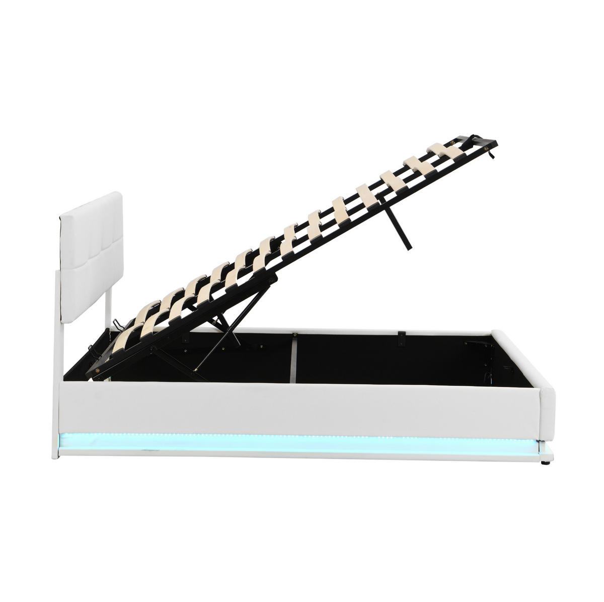 POLSTERBETT 180/200 cm weiß LED-Beleuchtung mit hydraulisch anhebarem Bettkasten - Weiß, Textil (180/200cm) - OKWISH