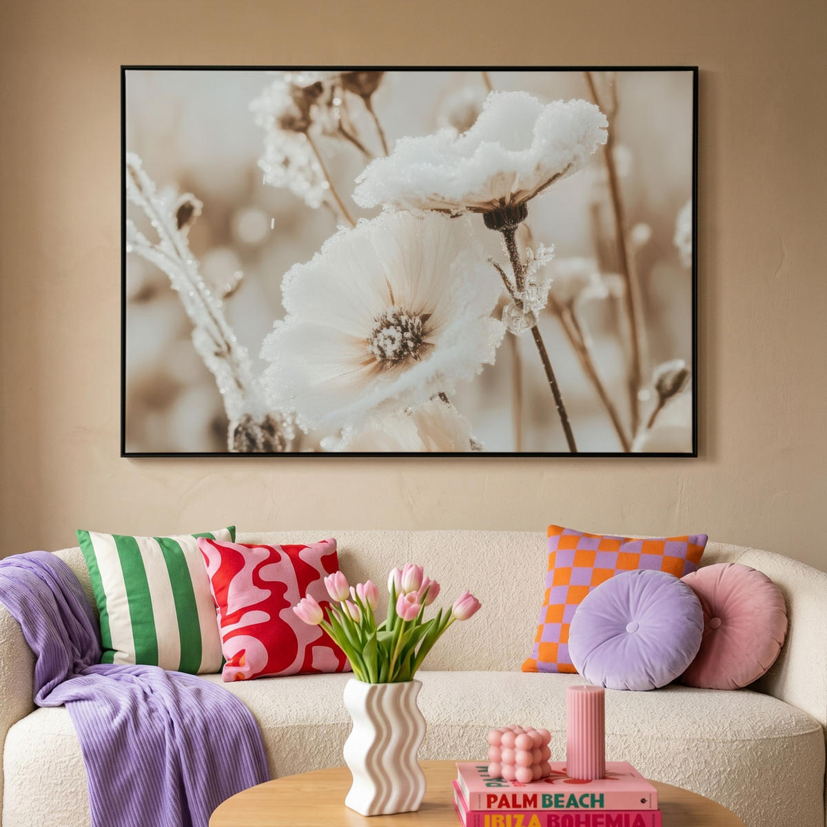 LEINWAND Bilder mit Rahmen - Blumen - Winter - Weiß - Schnee - Beige - 140x90 - Creme, Textil (140/90cm) - MuchoWow