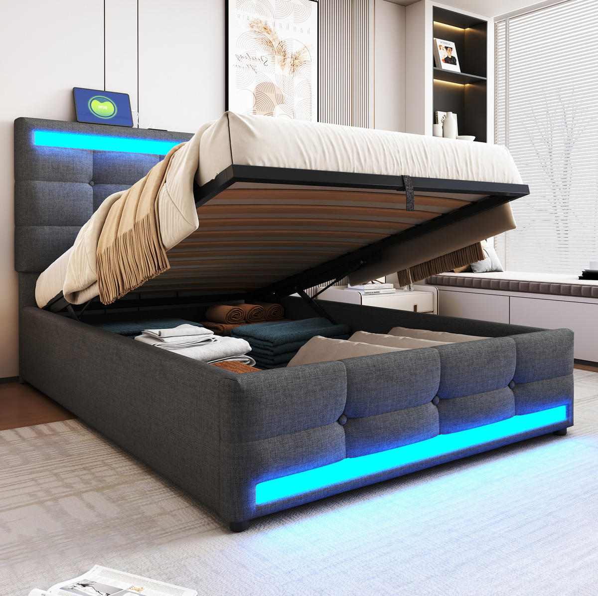 POLSTERBETT mit LED-Beleuchtung 90/200 cm in Grau mit USB und verstellbarem Kopfteil - Grau, Textil (90/200cm) - BEAOK