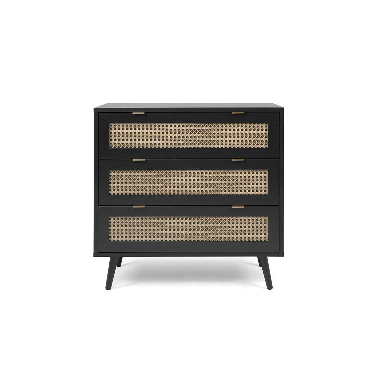 KOMMODE mit 3 Schubladen, schwarzem- und Rohrgeflecht Druck Villa - L80 x H80 x T40 cm - Schwarz, Holzwerkstoff (40/80/80cm) - Calicosy