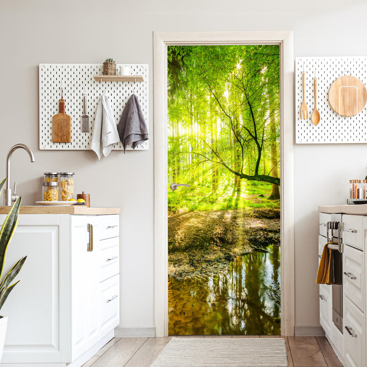 TÜRAUFKLEBER Selbstklebend - Wald - Landschaft - Wasser - Bäume - Sonne - Grün - Natur 80x205 cm - Türtapete - Hellgrün, Kunststoff (80/0.1cm) - MuchoWow