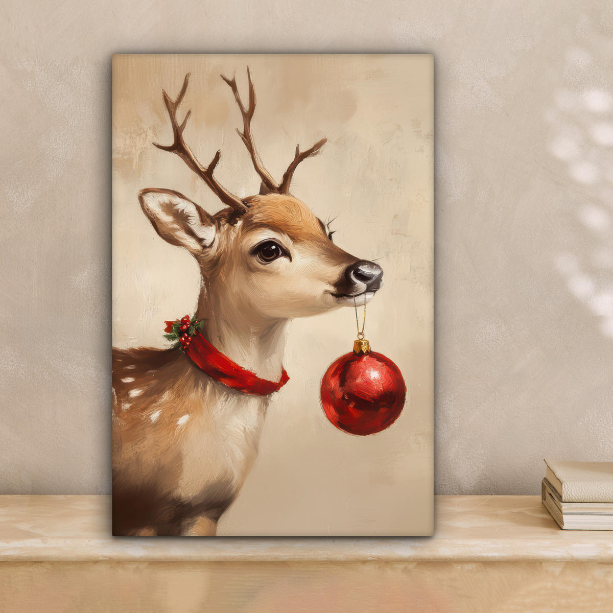 LEINWANDBILD Weihnachten - Hirsch - Geweih - Weihnachtskugel - Rentier 20x30 cm - Hellbraun, Textil (20/30cm) - MuchoWow
