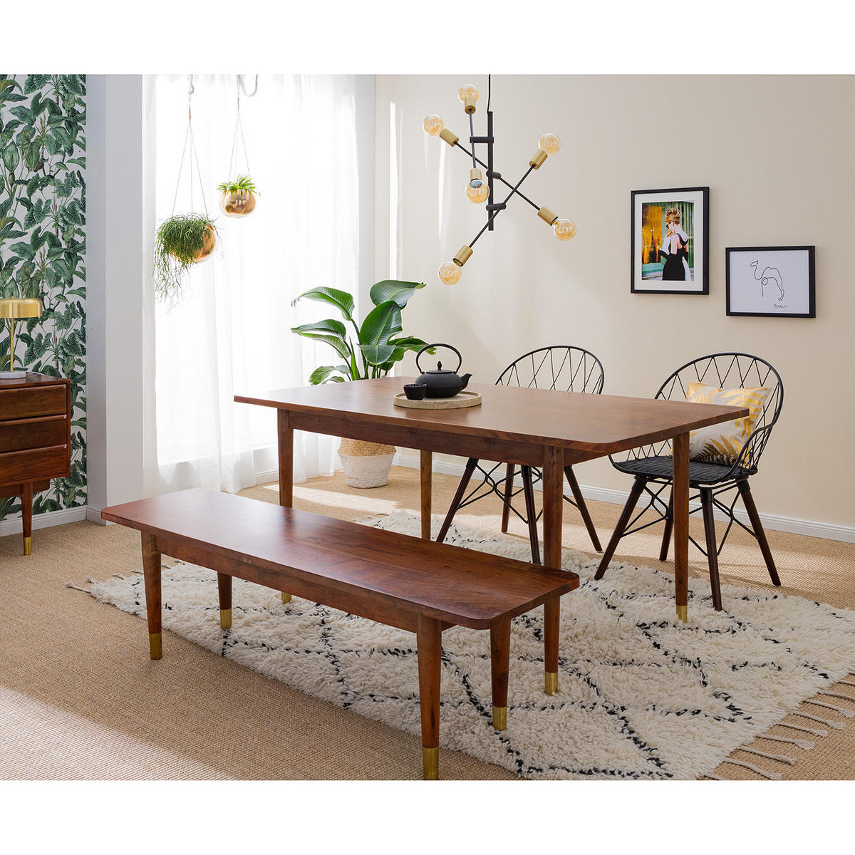 ESSTISCH - Akazie massiv / Metall - Akazie / Gold - Braun, Holz/Metall (90/160/76cm) - home24