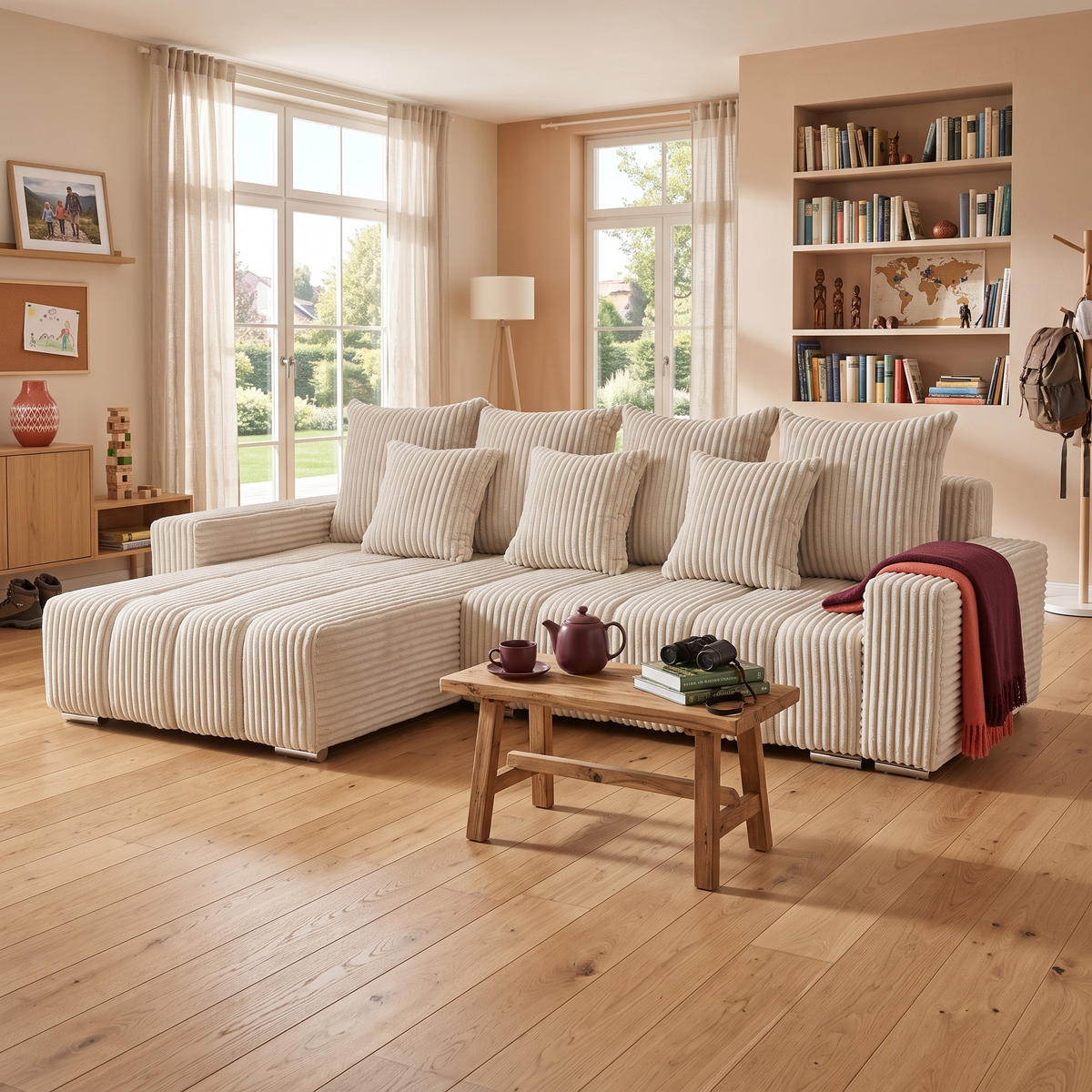 ECKSOFA PIANO L Links mit Schlaffunktion 137x234 Cord Creme - Silberfarben/Creme, Holz/Textil (278/178cm) - Muffo