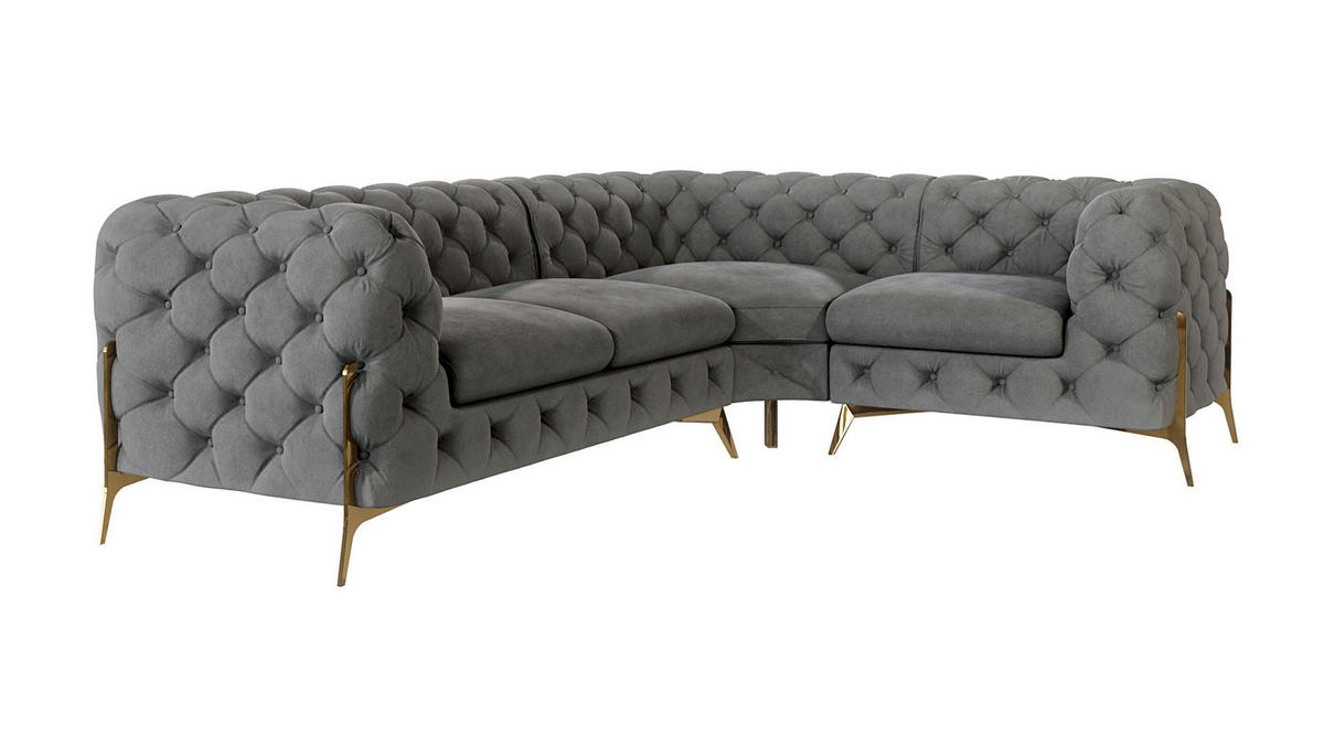 ECKSOFA Chesterfield Lexi Grau Samt, Ottomane rechts - Goldfarben/Grau, Holz/Textil (264/204cm) - S-Style Möbel
