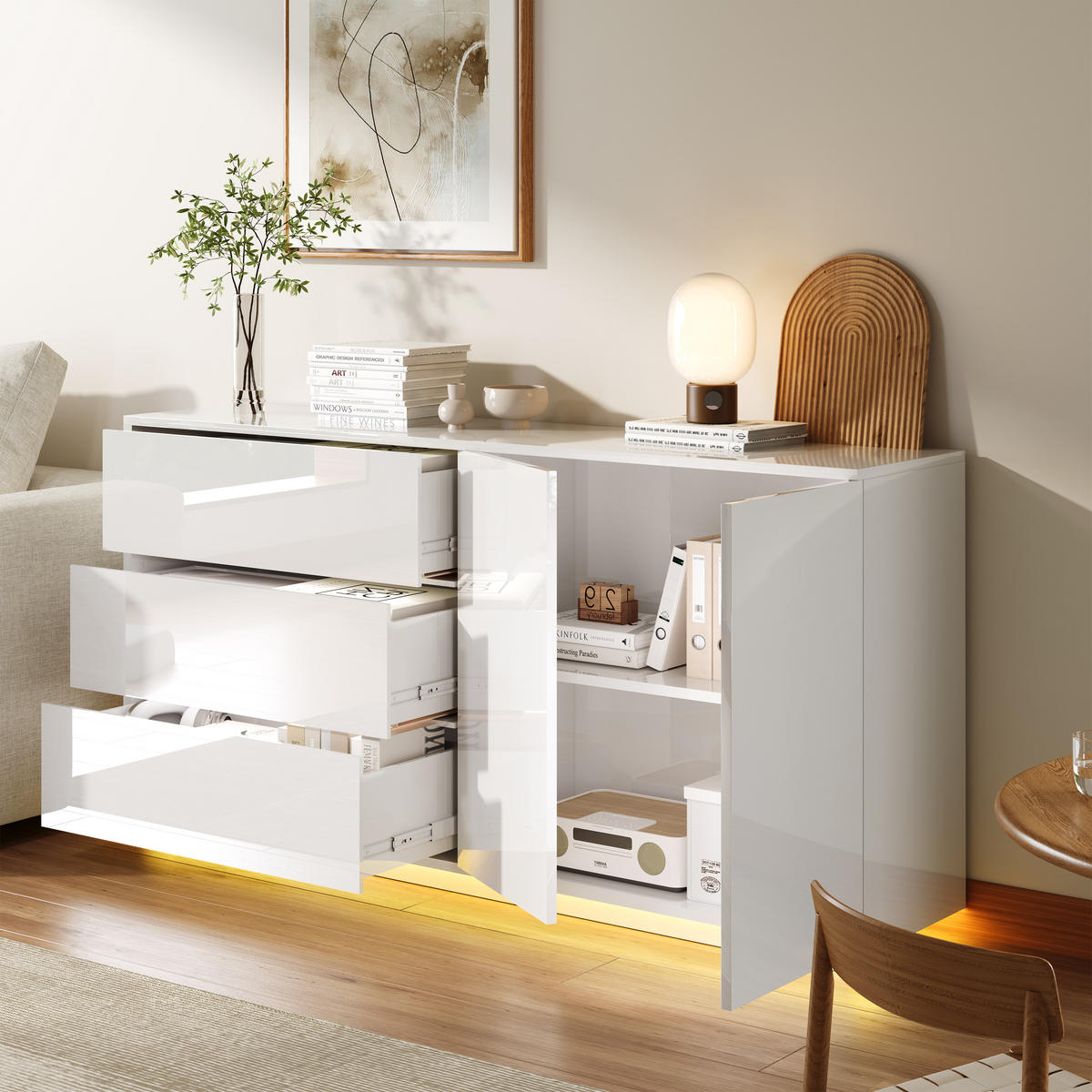 SIDEBOARD WEISS Hochglanz mit LED-Beleuchtung, 3 Schubladen & 2 Türen - Weiß, Holzwerkstoff (35/76/160cm) - SHOPENTRA