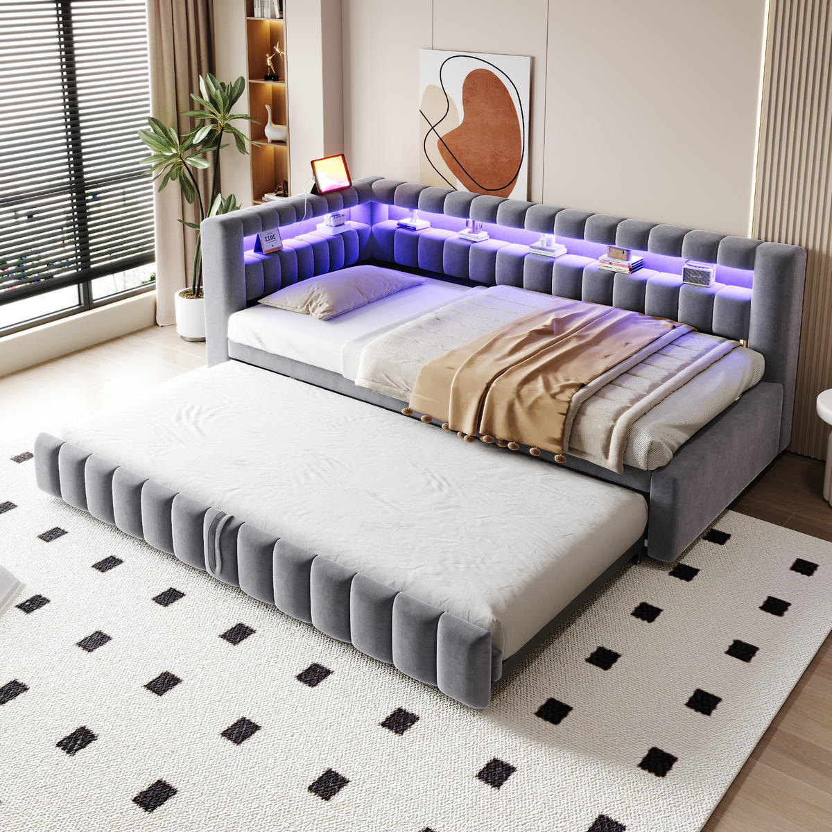 SCHLAFSOFA 90/200 cm & 90/190 cm in Dunkelgrau Samt mit Ausziehbett, LED und USB - Grau, Holzwerkstoff/Textil (90/200cm) - WISHDOR