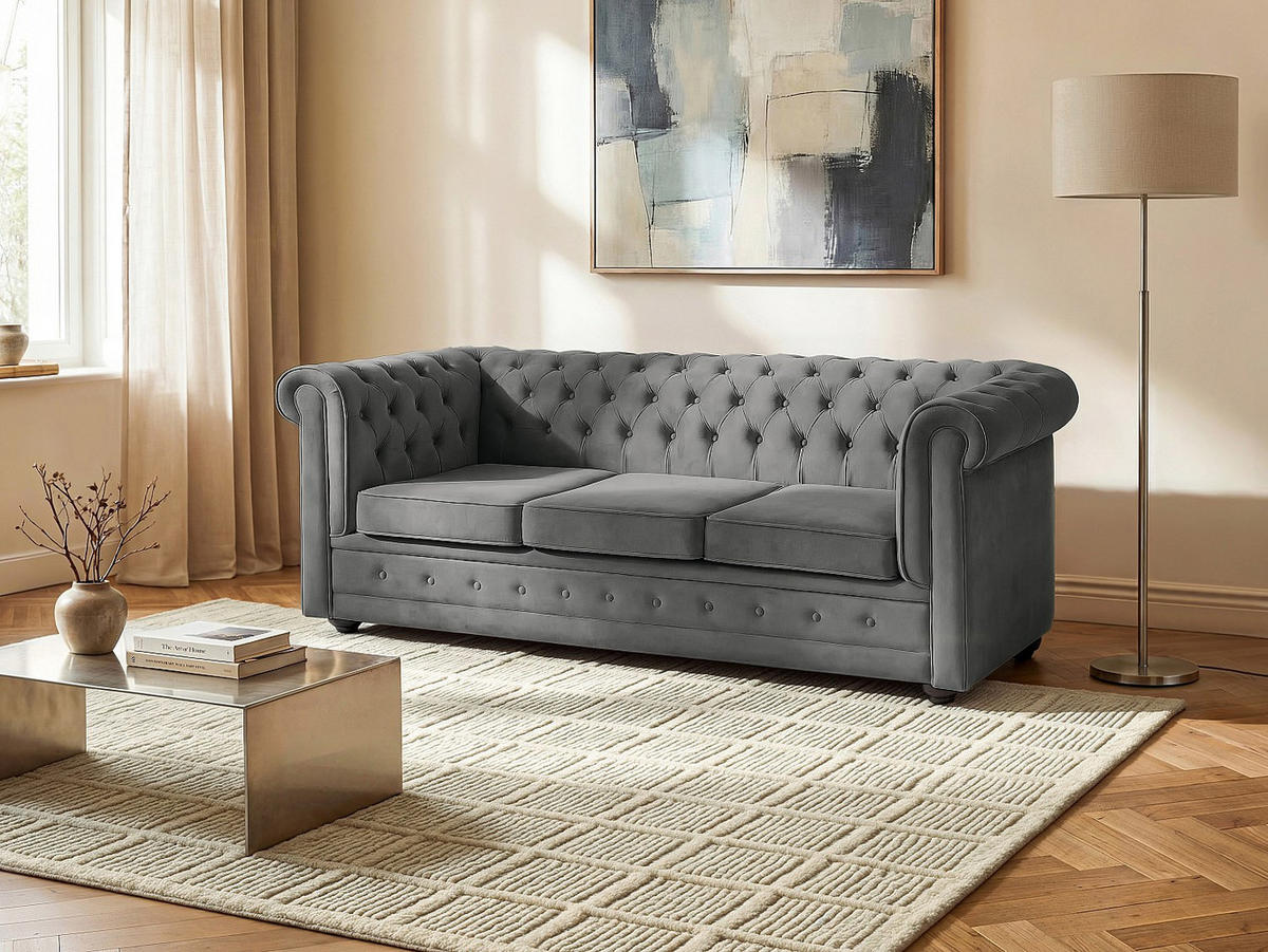 SCHLAFSOFA - 3 Personen-Sitzer - Samt - Anthrazitgrau - - Anthrazit, Textil (204/85/89cm) - Vente-Unique