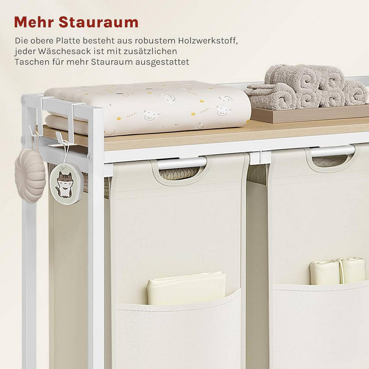 WÄSCHEKORB 3 Fächer, jedes 40 L, Weiß+Helle Eiche - Eichefarben/Weiß, Holzwerkstoff/Textil (96/71/30cm) - Woltu