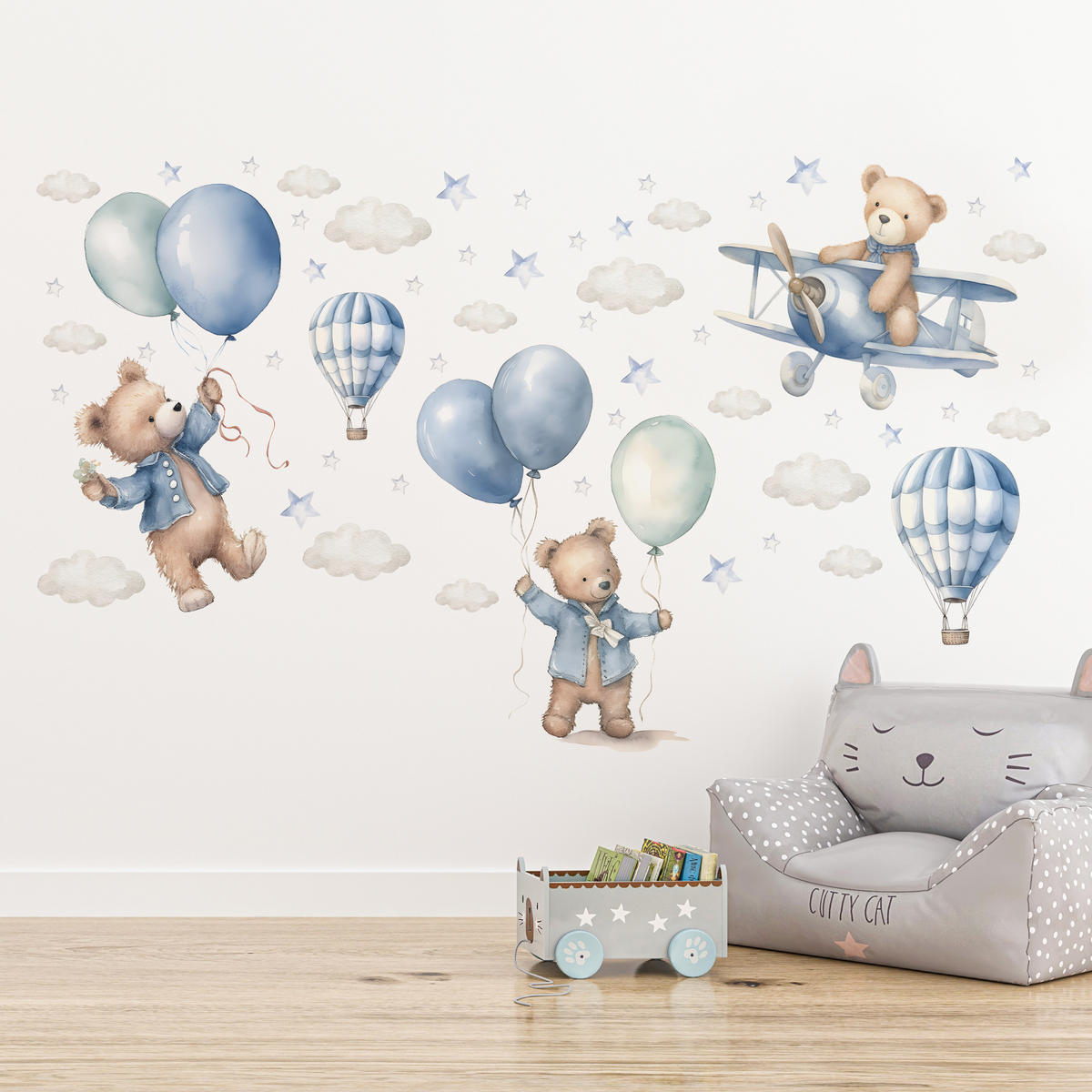 WANDSTICKER Bären Ballons 120x60 - Blau/Beige, Papier (120/60/60cm) - Muralo
