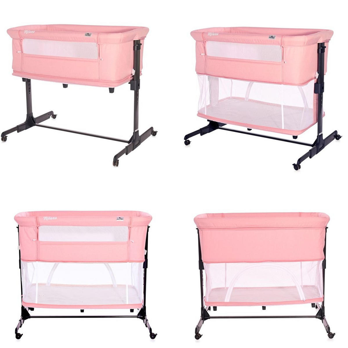 BEISTELLBETT Milano 2 in 1 rosa 88 x 50 cm, Matratze, Laufstall, Moskitonetz, 5-fach verstellbar - Rosa, Metall (50/88cm) - Lorelli