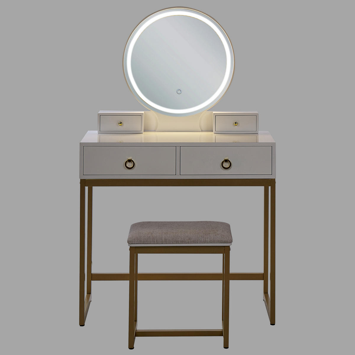 SCHMINKTISCH mit rundem LED-Spiegel Hocker 4 Schubladen weiß/gold Auxon - Beige/Goldfarben, Holzwerkstoff (80/132/40cm) - Beliani