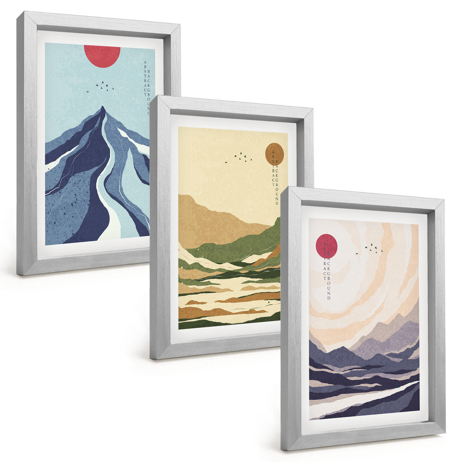 BILDER SET 3er Set - 20x30 cm Silberner Rahmen - Pastellfarbene Berge im Japandi-Stil - Silberfarben, Kunststoff (20/30cm) - TULUP
