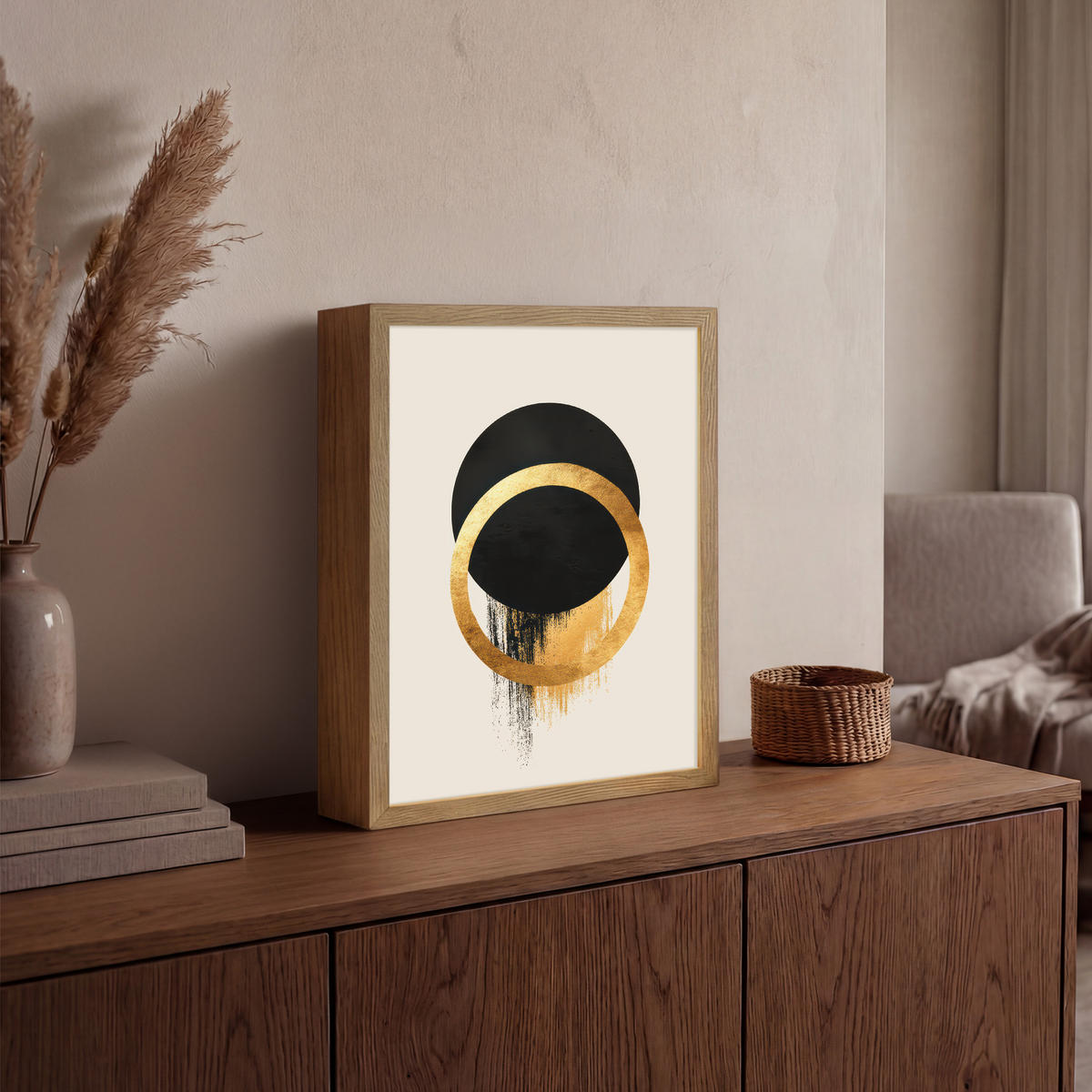 WANDLEUCHTE MIT AKKU Abstraktes Design - Schwarzer Kreis - Farbflecken 30x40 cm - Creme, Holzwerkstoff (30/40/8cm) - OnlyWow