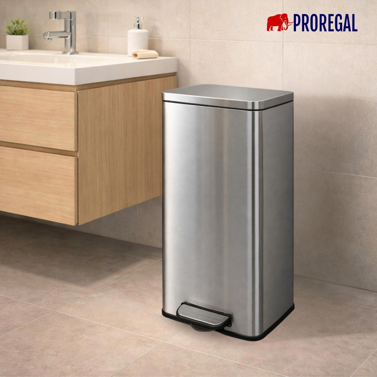 MÜLLEIMER 60 Liter mit Softclose & Fußpedal - Silberfarben, Metall (41.5/75.5/49cm) - PROREGAL