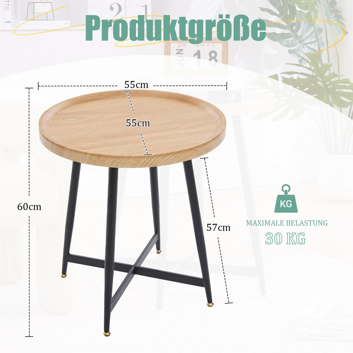 COUCHTISCH aus MDF 55x55x60 cm in Naturholz mit Metallgestell - Naturfarben, Holzwerkstoff (55/55/60cm) - Modfu