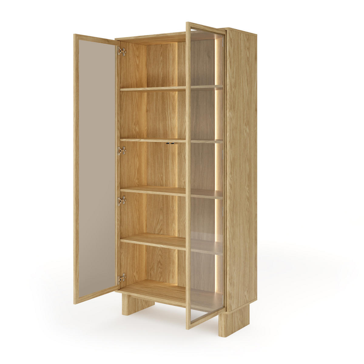 VITRINE VIRONE (Geölte Eiche, LED-Beleuchtung, Glasfronten, Push-to-Open, hohe Füße) - Eichefarben, Holz/Holzwerkstoff (93/195/38cm) - Ravio