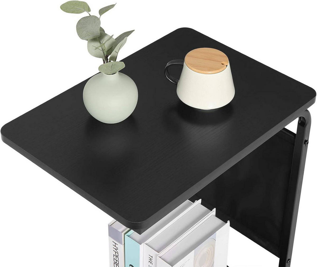 BEISTELLTISCH, Couchtisch mit 2 Ablagen 1 Seitentasche - Schwarz, Holzwerkstoff/Textil (35/50/62cm) - Woltu