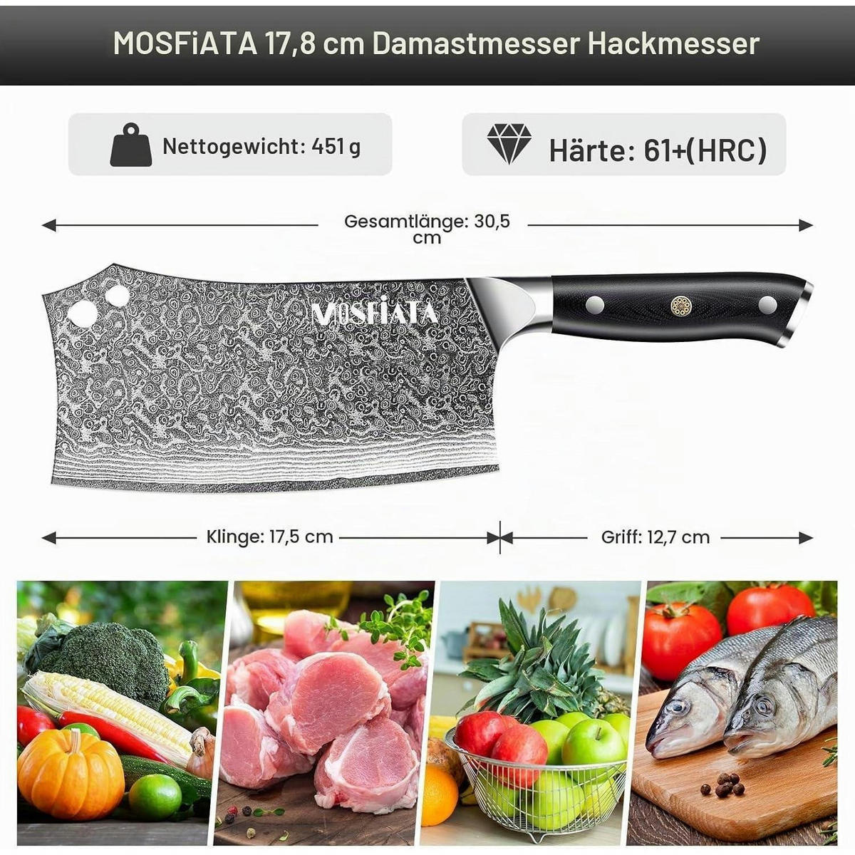 HACKMESSER Damast 18 cm VG10 Stahl Ergonomischer Griff - Grau, Metall (30.5cm)