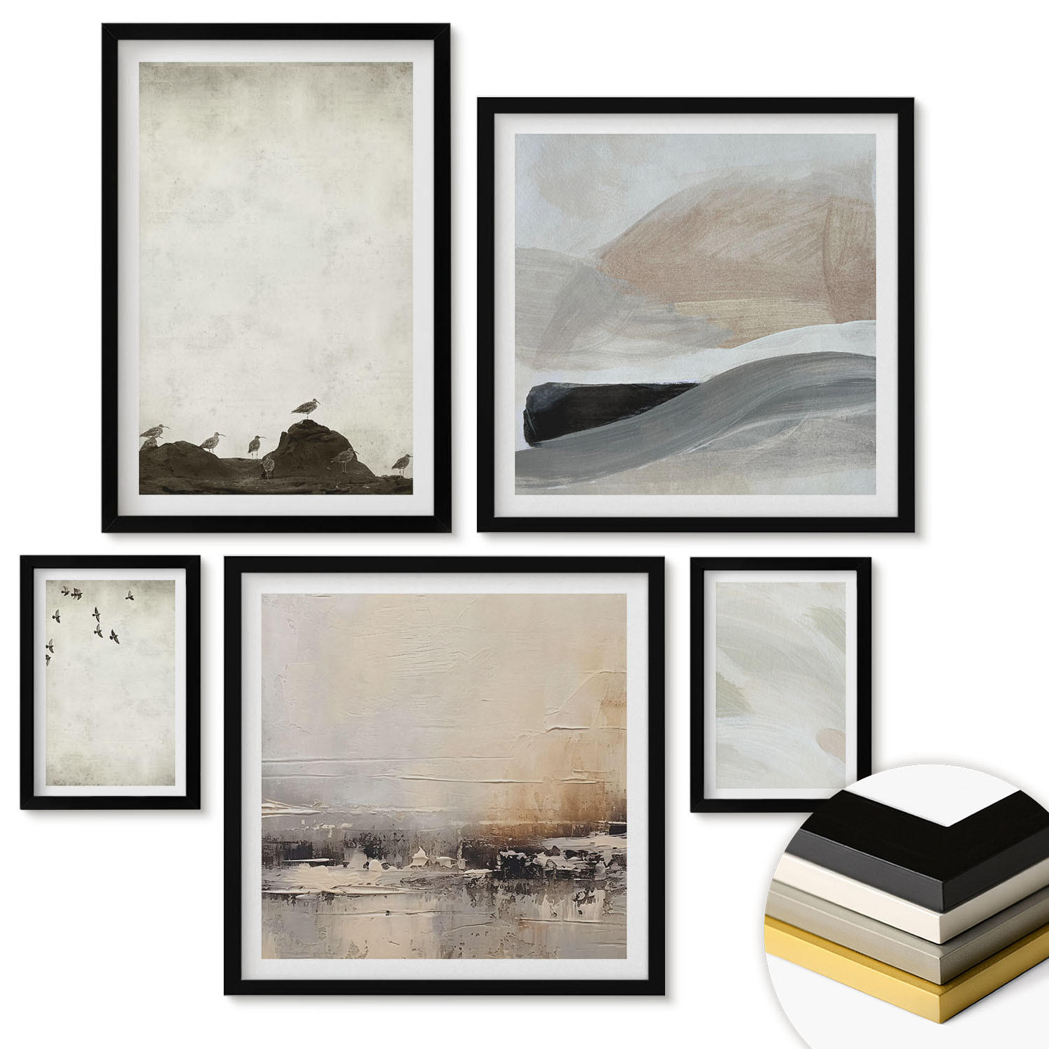 WANDBILDER 5er-Set - 50x50 cm & 20x30 cm & 40x60 cm Schwarzer Rahmen - Vögel, Steine, Pinselstriche, Verzierungen - Schwarz, Kunststoff (40/60cm) - ArtPrintCave