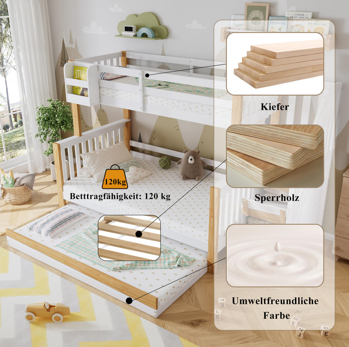ETAGENBETT 90/200 & 120/200 cm mit Rollbett, Stauraumtreppe und Regal, Kiefer/MDF, Weiß/Natur - Weiß, Holz (90/200cm) - Redom