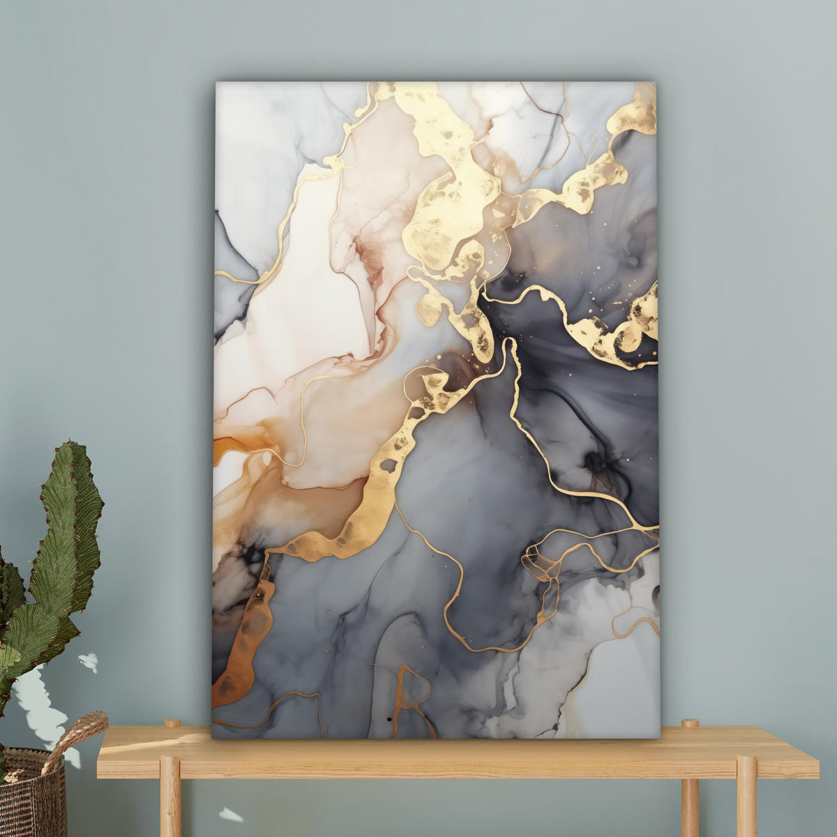 LEINWANDBILD Marmor - Schwarz - Gold - Weiß Wanddeko Schlafzimmer 60x90 cm - Dunkelgrau, Textil (60/90cm) - MuchoWow