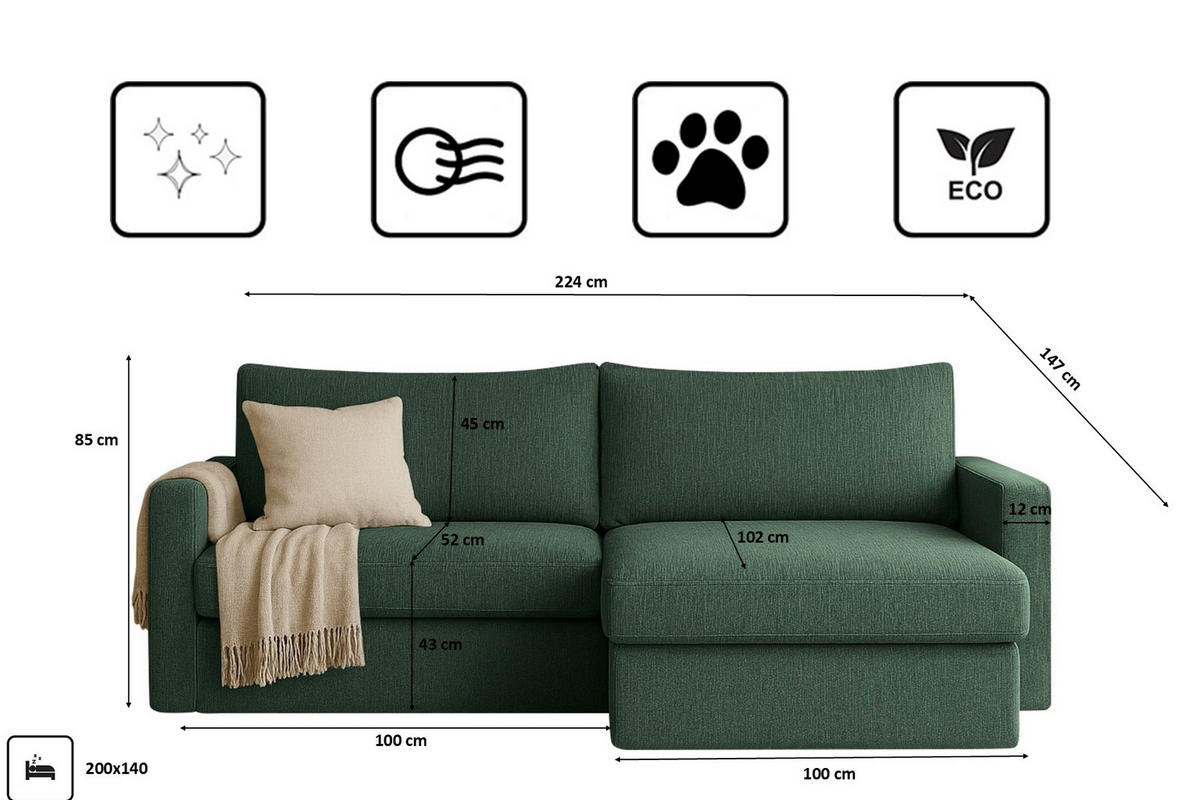 ECKSOFA Mit Schlaffunktion Und Bettzeugablage LUBEKA Stoff Faro Grün Rechts - Grün, Holz (224/147cm) - Kaiser Möbel