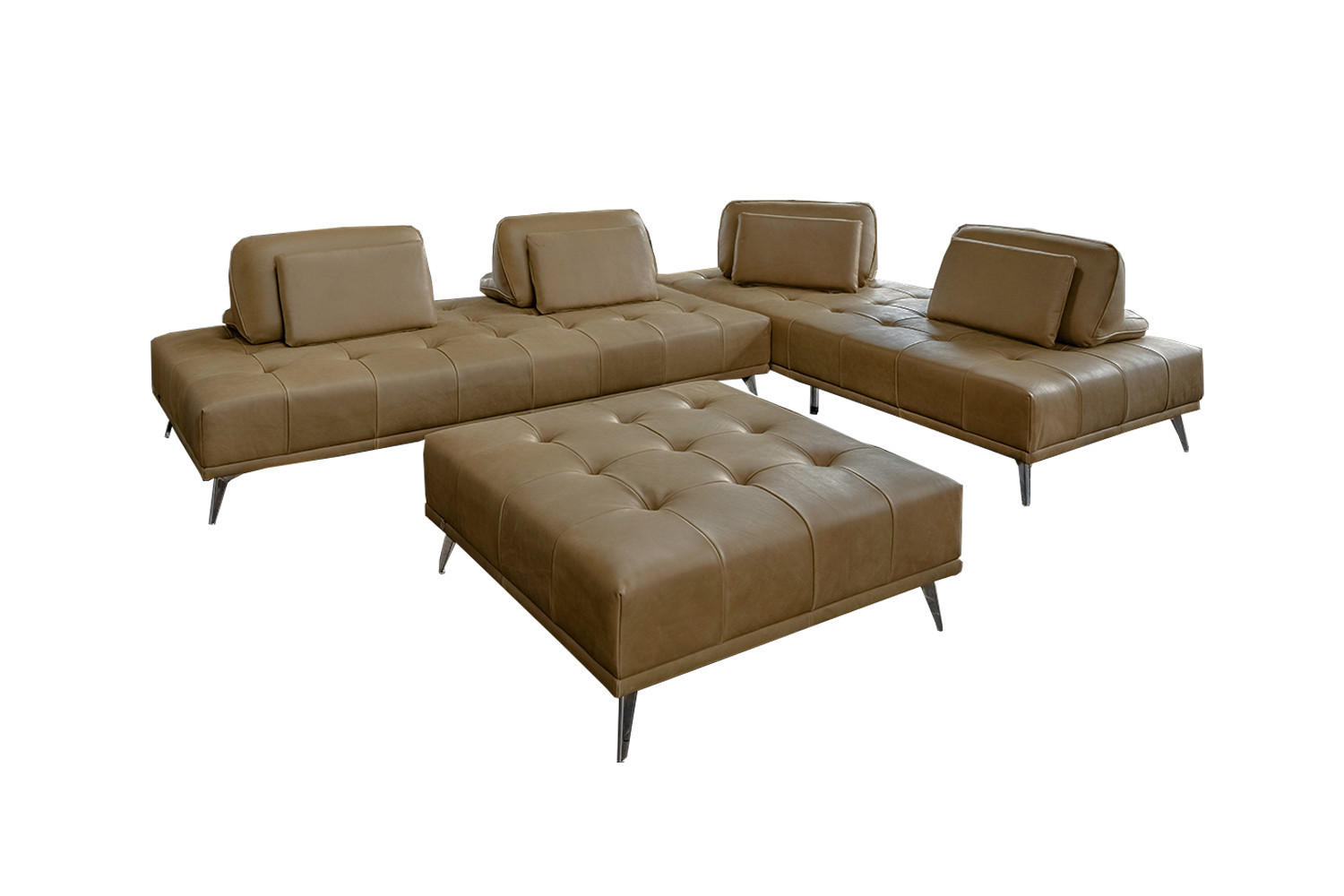MODULSOFA MIT HOCKER WIOLO 3ER SET Beige Leder - Beige/Silberfarben, Leder/Metall (350/83/350cm) - KAWOLA