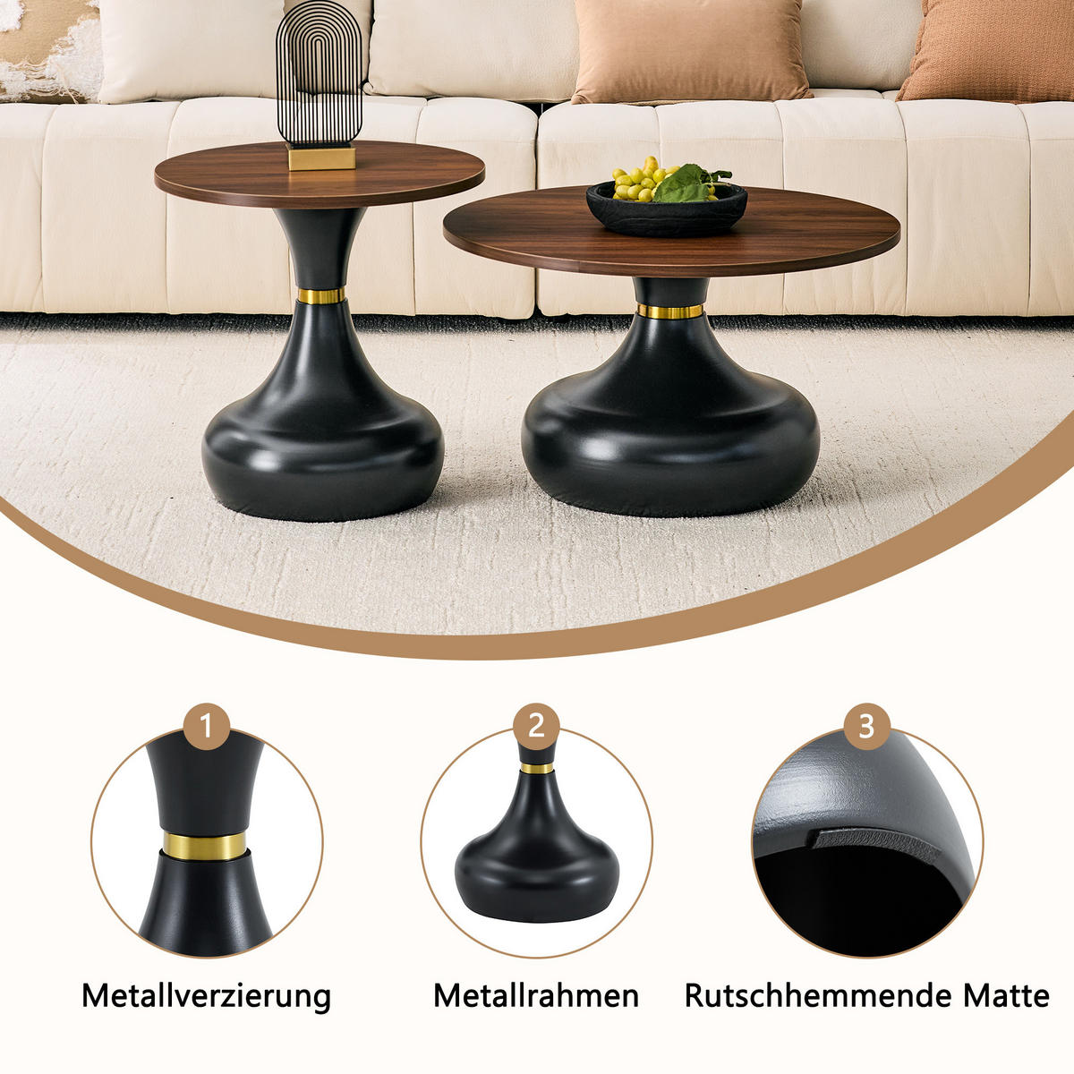 COUCHTISCH 2-tlg Rund Ø70cm/Ø50cm Sanduhrform Walnuss-Holzoptik Metallgestell - Schwarz, Metall (50/52/37cm) - Raelunyi