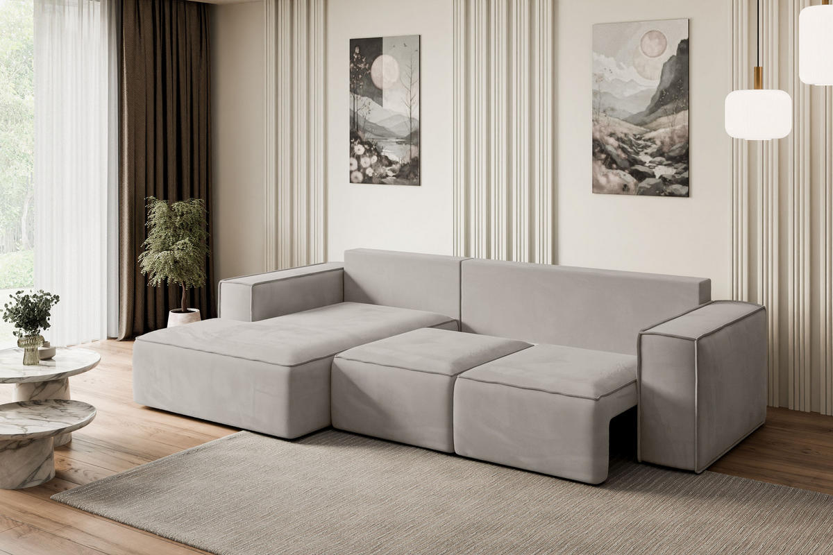 ECKSOFA mit Schlaffunktion und Bettkasten SERRA-L-S - 266x161x87 cm Hellbraun Velours - Hellbraun/Schwarz, Holzwerkstoff/Kunststoff (266/161cm) - ALTDECOR