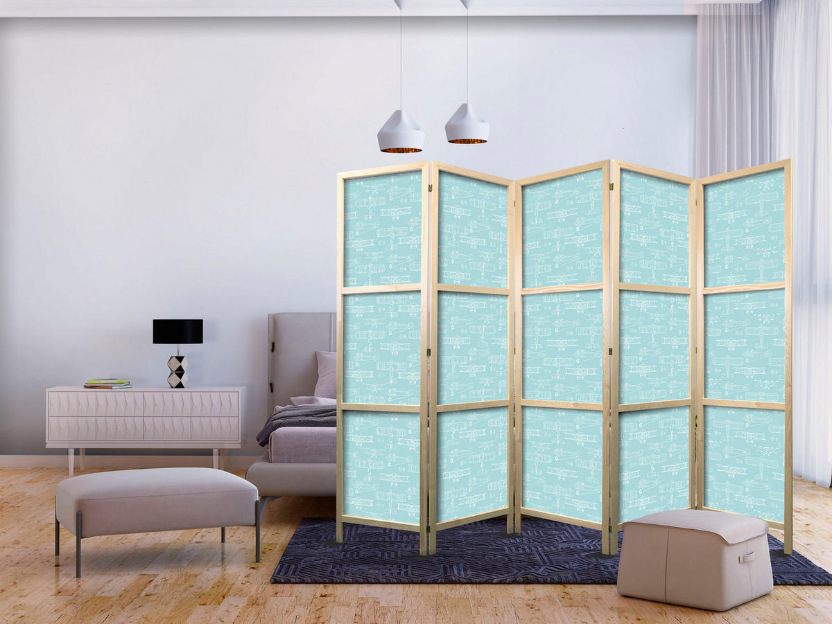 PARAVENT Japanischer 5-tlg 225x172 cm Flugzeuge - Blau, Holz/Textil (225/172/3cm) - Muralo