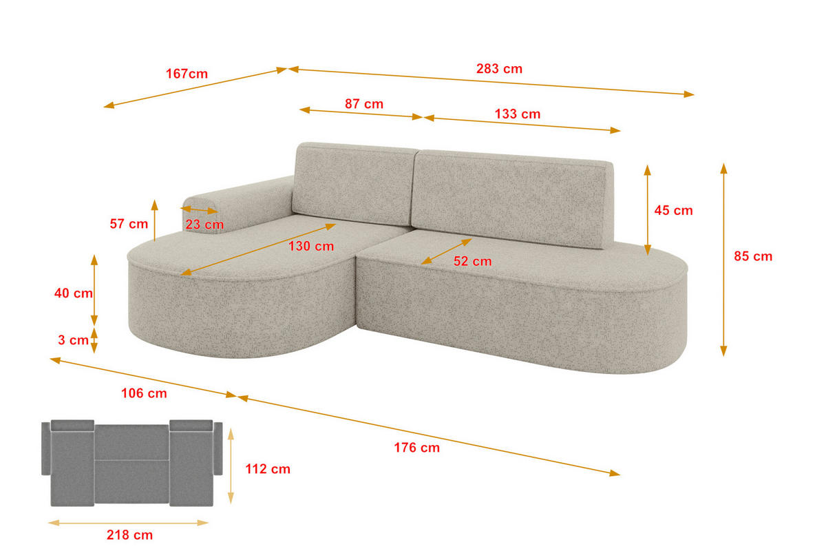 ECKSOFA mit Schlaffunktion und Bettkasten Ottomane Links MARI-L1-S - 283x167x85 cm Creme Tissu - Creme/Schwarz, Holzwerkstoff/Kunststoff (283/167cm) - ALTDECOR