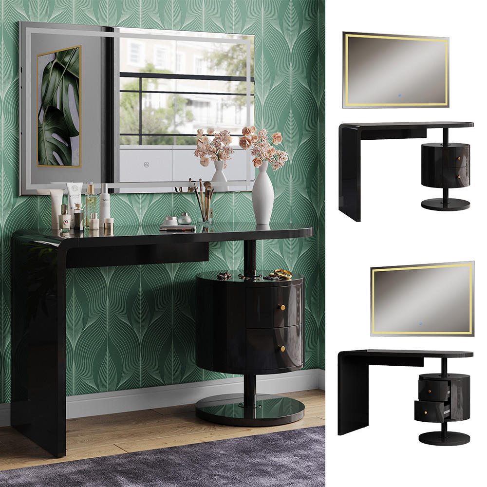 SCHMINKTISCH Lara Schwarz Hochglanz 120 cm mit LED-Spiegel - Schwarz Hochglanz, Holzwerkstoff (120/76/50cm) - Vicco