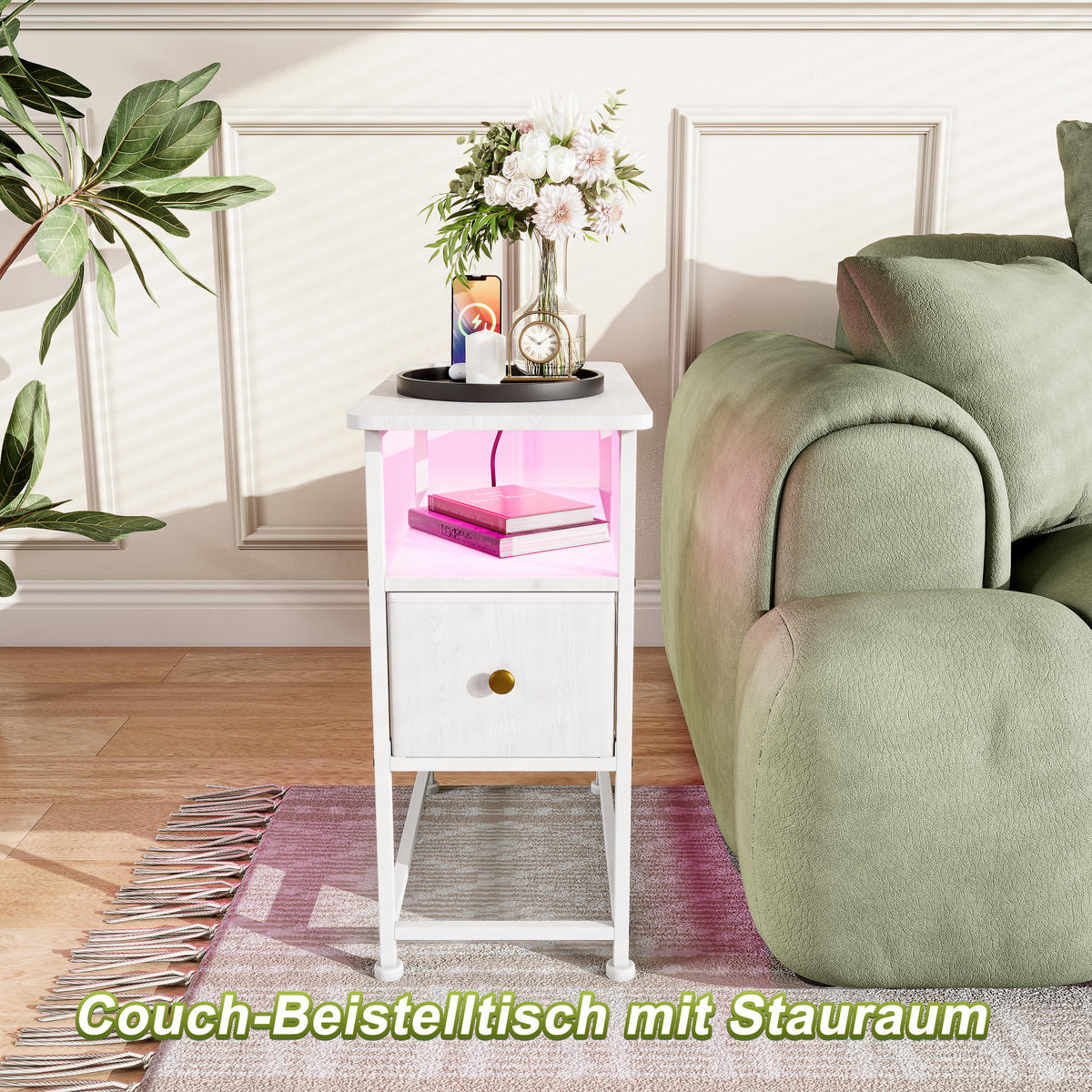 BEISTELLTISCH Weiß LED USB 1 Schublade - Weiß, Metall (60/30/62cm) - SHOPENTRA