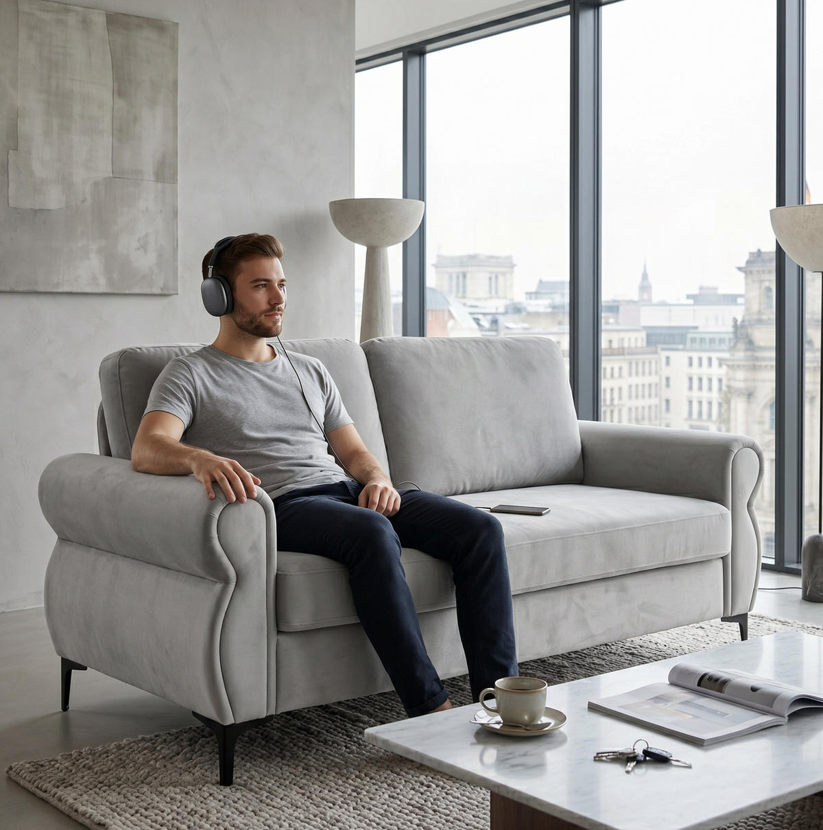SOFA kompakt 173,5 cm Metall-Holz Light Grey - Hellgrau, Holzwerkstoff (173.5/92/81cm) - Meubliv