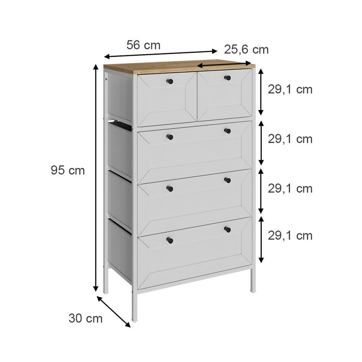 KOMMODE Belaro Weiß 56 x 95 cm mit 5 Schubladen - Weiß, Holzwerkstoff (56/95/30cm) - Vicco