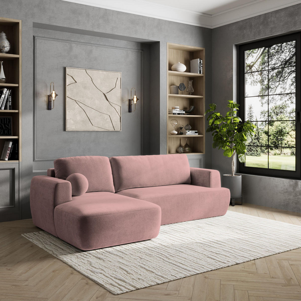 ECKSOFA SENTI K L-S Rosa Plüsch-Stoff mit Schlaffunktion - Rosa, Holz (246/148cm) - MASSENO