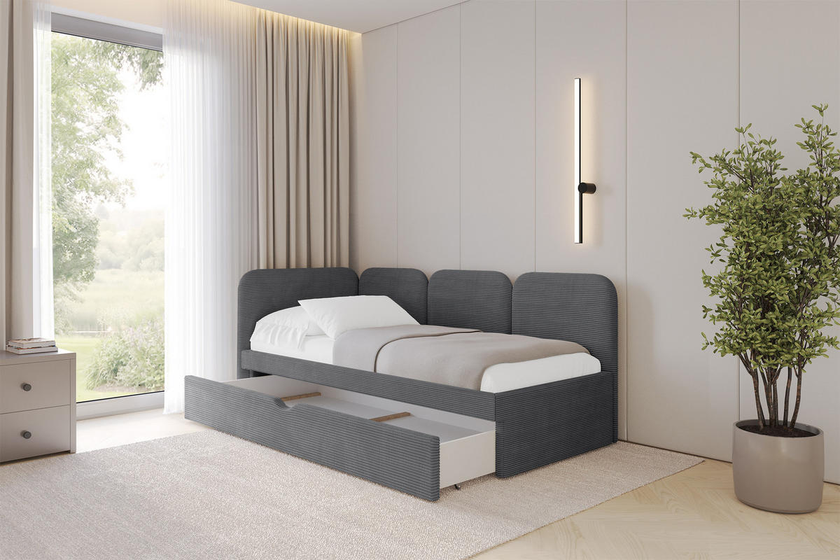 EINZELLBETT Jugendbett mit Bettkasten, Rechts - ALVY 80x200 Dunkelgrau - Schieferfarben, Holzwerkstoff/Textil (80/200cm) - ALTDECOR