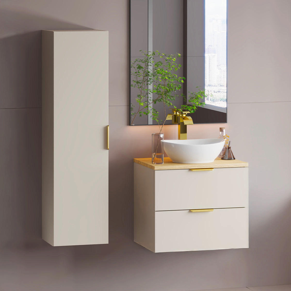 BADMÖBEL 60.6cm Astrid 2er-Set Kaschmir und Holz - Beige, Holzwerkstoff (60.6/52.2/46.5cm) - Petits-meubles