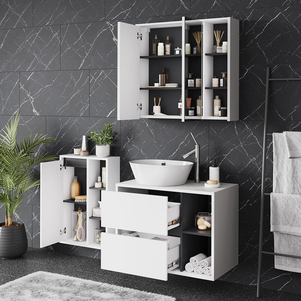 SADA KOUPELNOVÉHO NÁBYTKU Viola Bílá/šedá - bílá/šedá, kompozitní dřevo (80/60/46cm) - Vicco