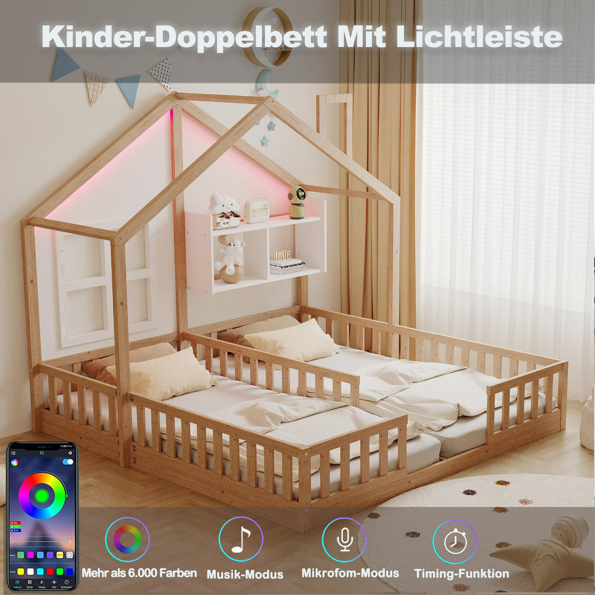 HAUSBETT 90x200cm Kinderbett Holz LED Sicherheitsgitter - Naturfarben, Holz (90/200cm) - FLIEKS