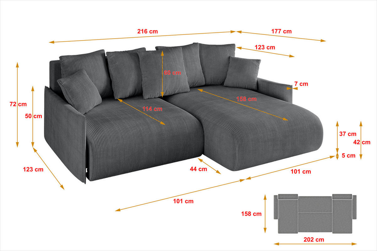 ECKSOFA Ottomane rechts ONESK-L -v1 216x177x72 Dunkelgrau Cord - Dunkelgrau, Holzwerkstoff/Kunststoff (177/216cm) - ALTDECOR
