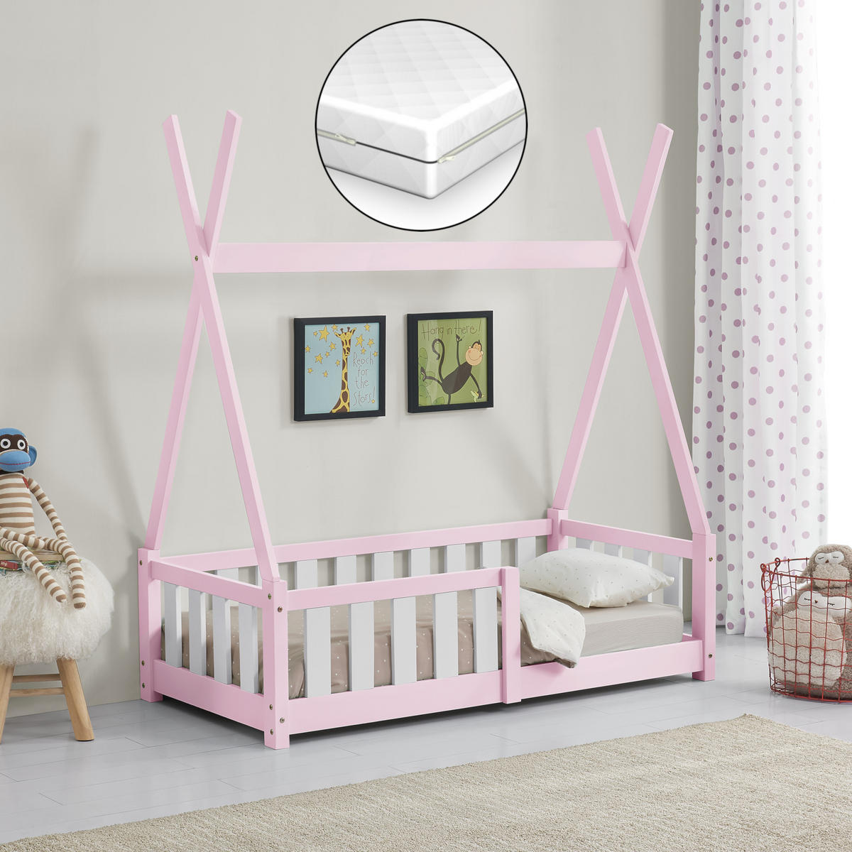 KINDERBETT Helsingborg mit Matratze - Rosa, Holz/Textil (70/140cm) - [en.casa]