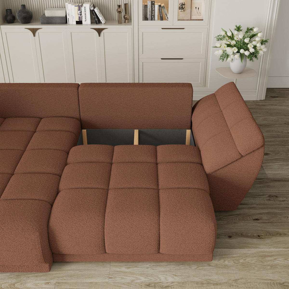 ECKSOFA ORENTI L-S Kupferfarben Boucle-Stoff mit Schlaffunktion - Kupferfarben, Holz (287/182cm) - MASSENO