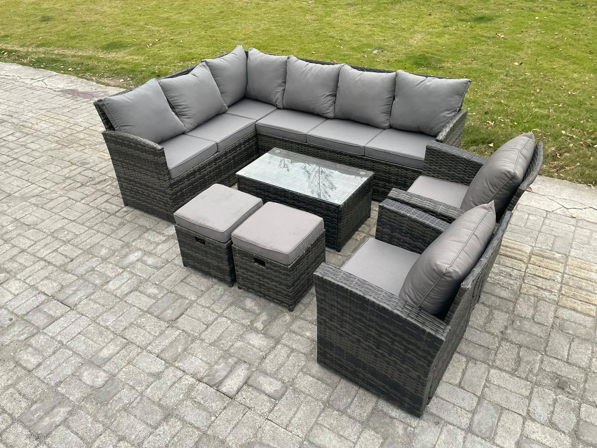 GARTENSET mit Couchtisch, 2 Fußhocker,2 Stuhl Polyrattan Dunkelgrau 10-Sitzer - Dunkelgrau/Grau, Glas/Kunststoff - Fimous